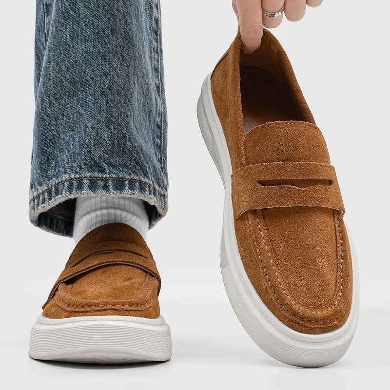 DIMANYU Men's Thick-Soled Loafers British Style Moccasins Shoes Men Large Size Slip-On Genuine Leather Casual Shoes For Men