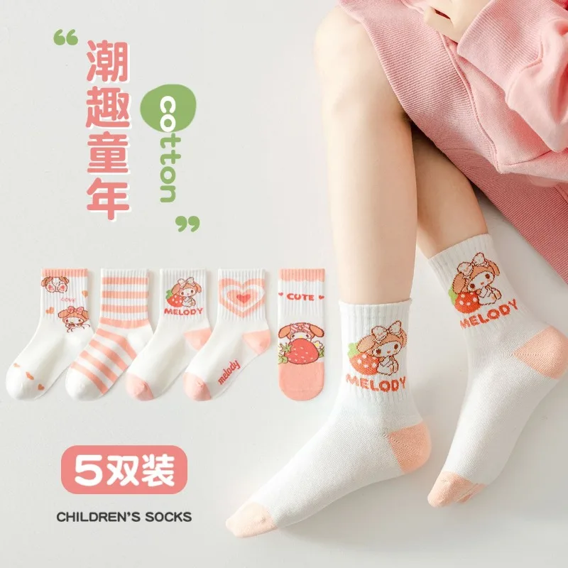 

5pcs Kawaii Sanrio Anime My Melody Ins Fashion Sweet Socks Cute Cartoon Children Midtube Breathable Stocking Gifts for Girls