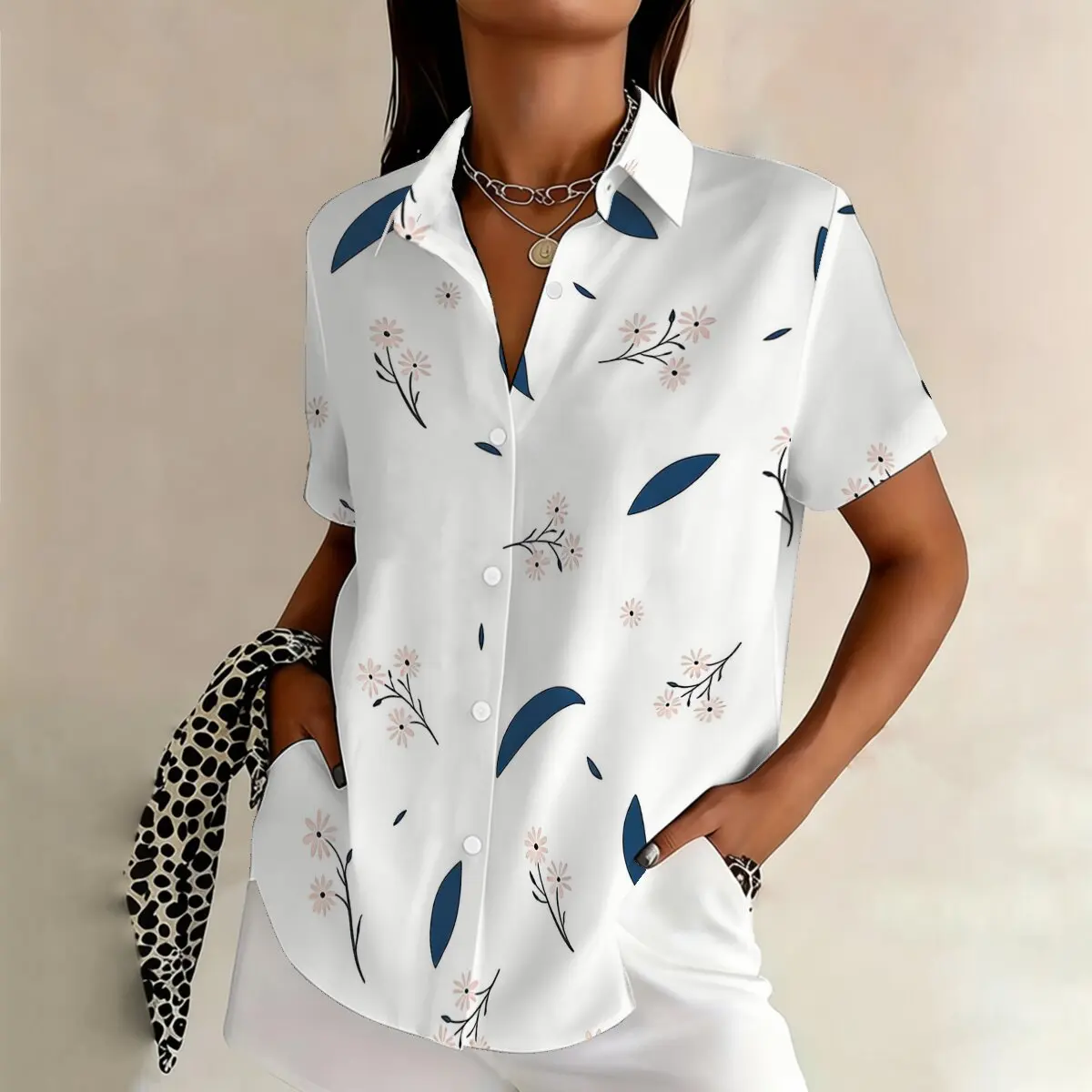 

Летняя женская рубашка больших размеров с коротким рукавом и мелким цветочным принтом в виде листьев, свежая и омолаживающая, подходит для активного отдыха, повседневная.