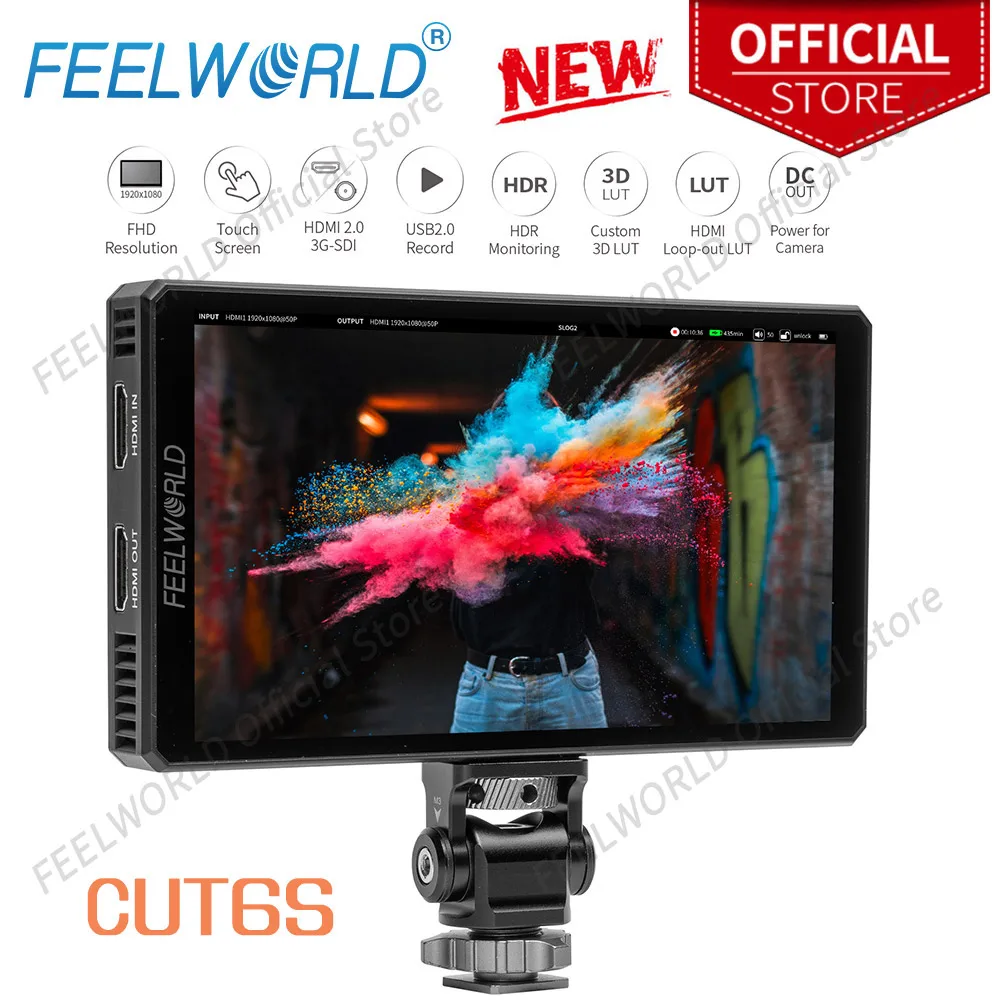 

FEELWORLD CUT6S 6-inch Touch Screen Monitor Recorder FHD IPS 4K HDMI 3G-SDI 3D LUT HDR with Waveform for Gimbal Rig Youtube