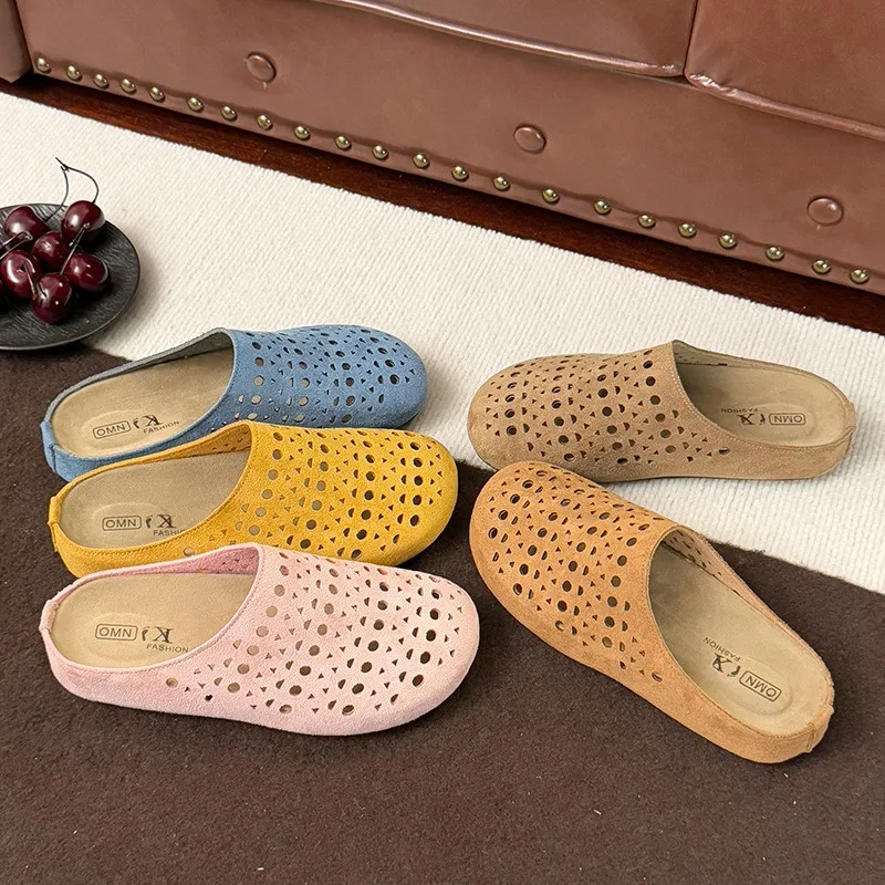 Soft Leather Hollow out Breathable Retro Women's Slippers Summer Outdoor Slip-On Anti-Slip Sandals Korean Rubber Muller Slippers