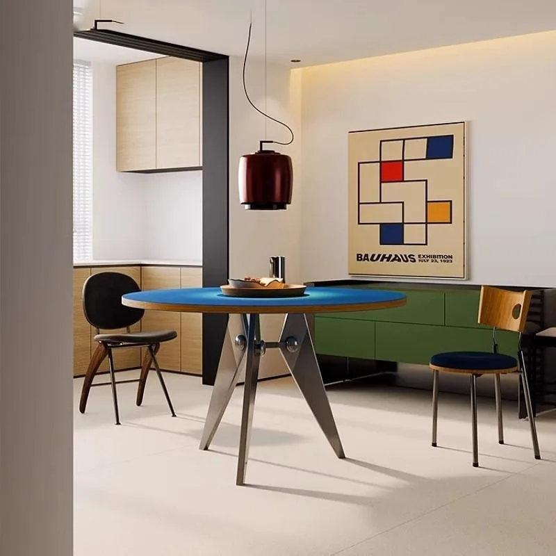 

Dining table Small apartment stainless steel solid wood Bauhaus style matching eating round