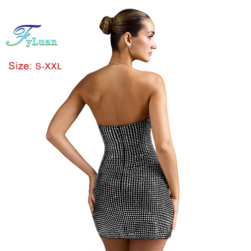 ชุดเดรสแฟชั่นผู้หญิงสไตล์ยุโรปและอเมริกา เซ็กซี่ คอเสื้อประดับเพชร ชุดเดรสทรงเข้ารูปสั้น สีพื้น สำหรับงานพรอมหรืองานกลางคืน