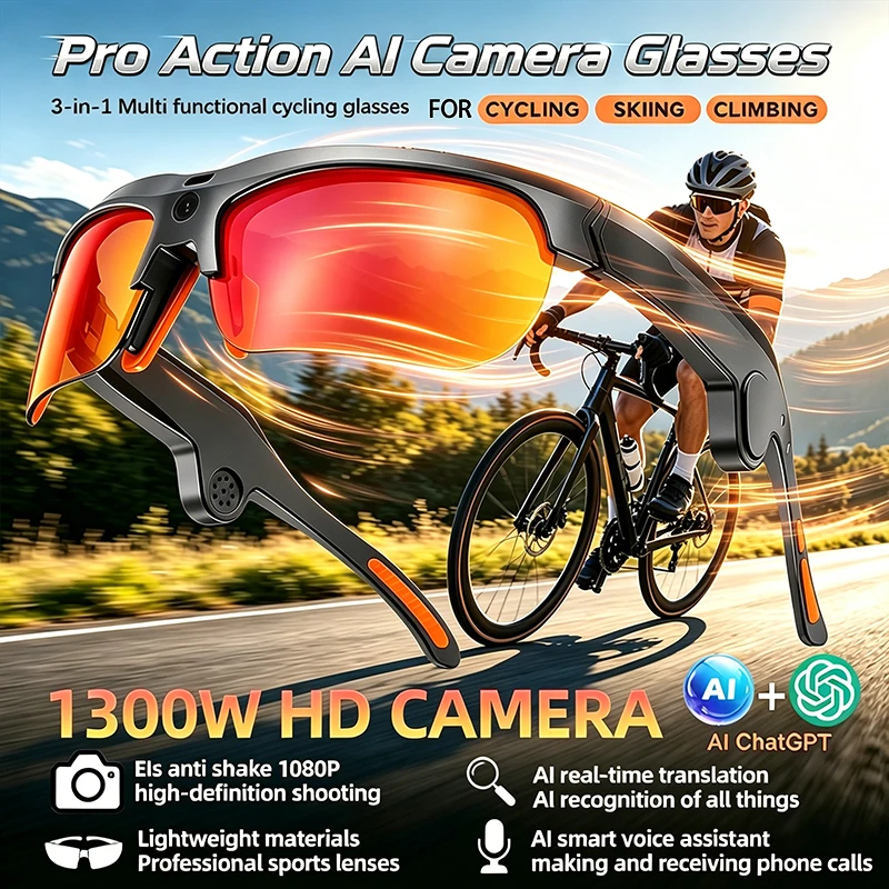 

2026 New AI Cycling Glasses EIS Anti-shake 1300W HDcamera AI Translation Music Recording Three-in-one Lightweight Smart Glasses