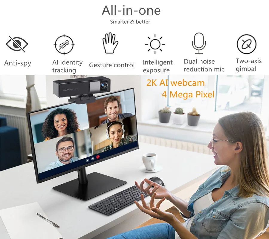 Live Streaming 2K 4 Mega Webcam 1080P Auto Tracking Webcam AI-Powered PTZ Webcam with Hand Gesture Control