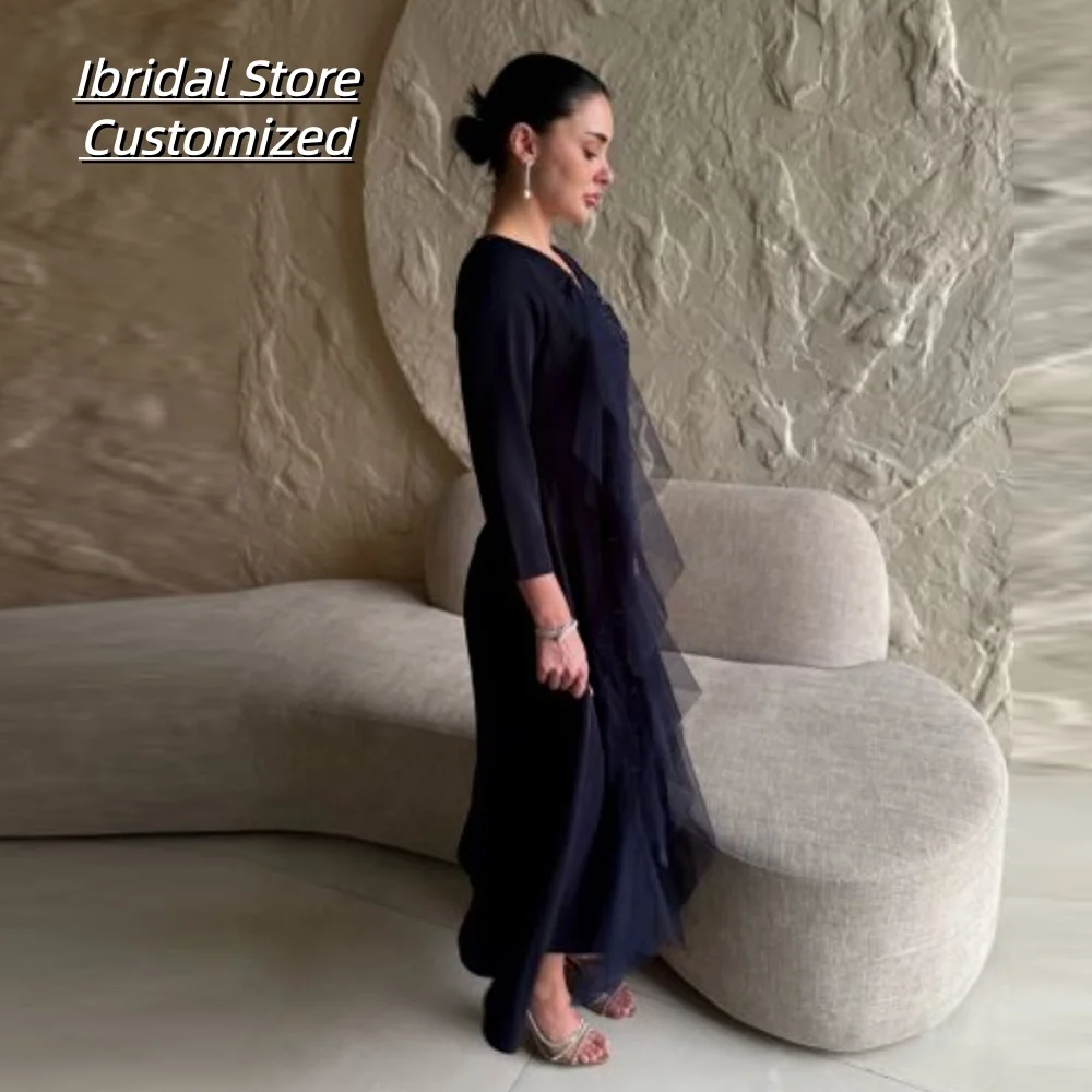 Vestido elegante personalizado con cuello en V para madre de la novia, gasa hasta el té, manga tres cuartos, Apliques de encaje, vestidos de fiesta