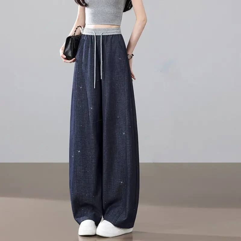 Star Sequin Curved Hem Jeans Women High Waist Loose Wide Leg Denim Pants Spring Summer Casual Trousers