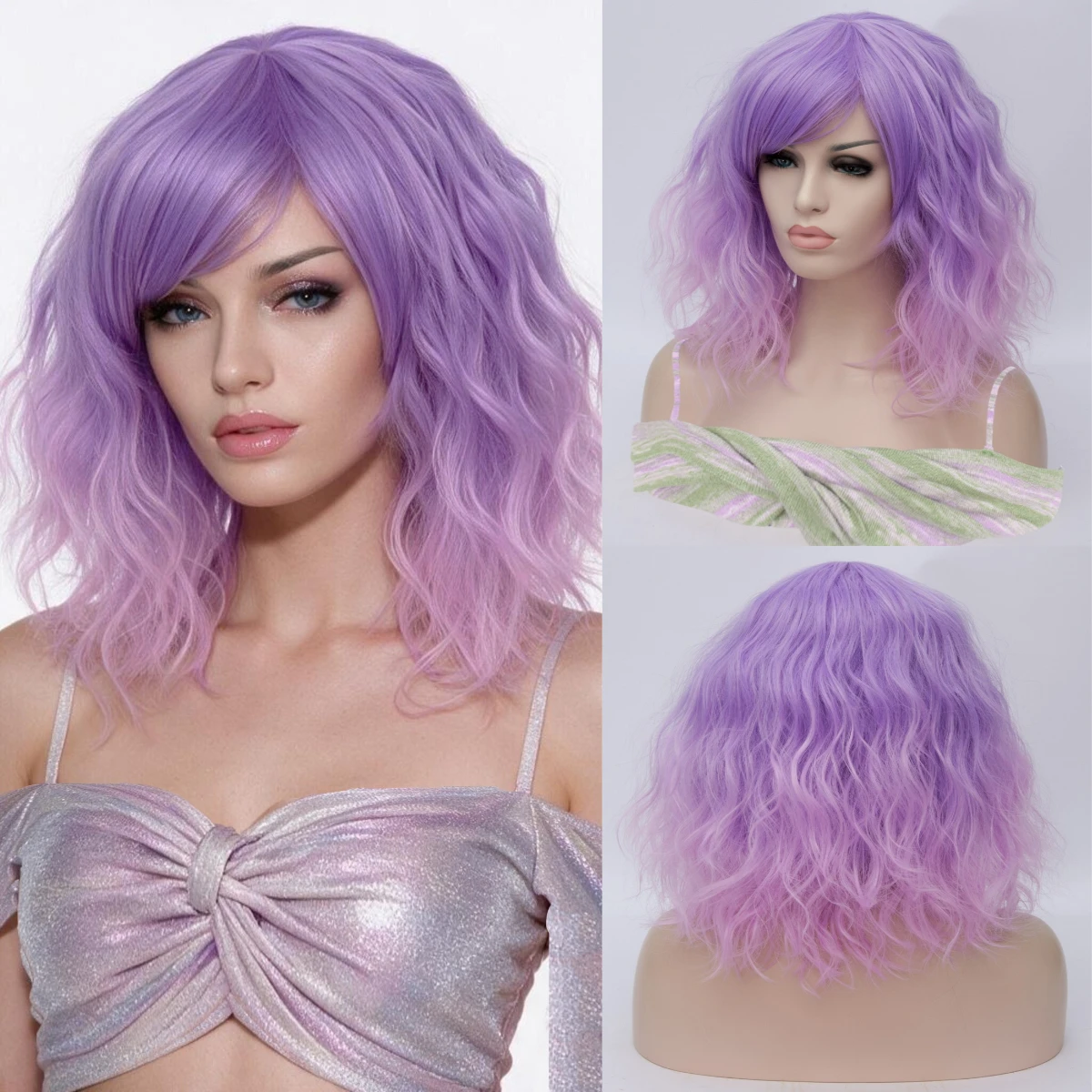 Purple Pink Ombre Short Wavy Curly Synthetic Wig with Side Bangs for Women Heat Resistant Cosplay Daily Party