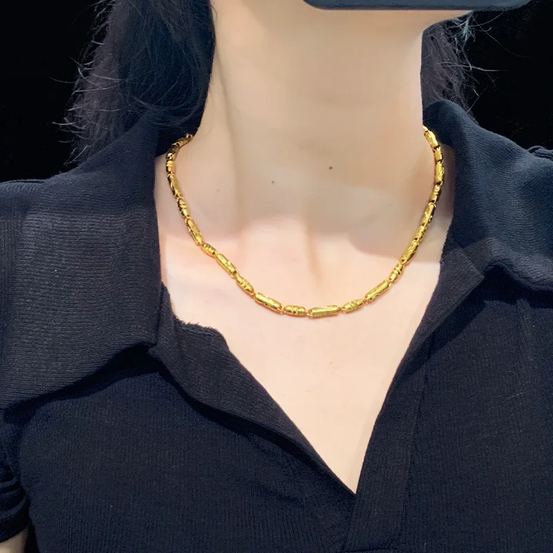 9999 gold solid hexagonal round pearl chain - classic trendy men's wedding jewelry necklace