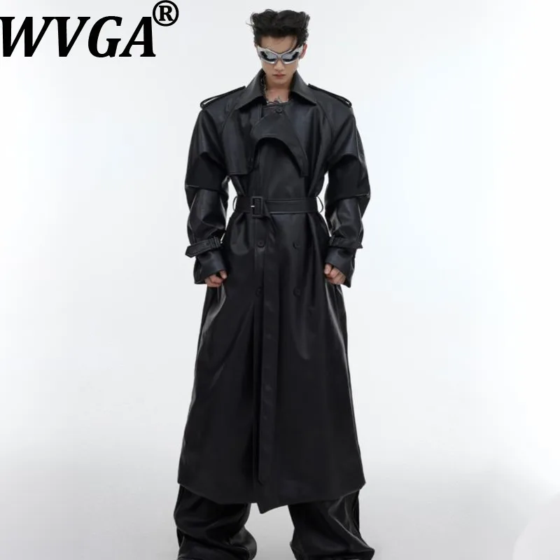 

WVGA, осенне-зимние новые мужские длинные куртки из искусственной кожи с подкладкой на плечах, модные нишевые шикарные повседневные плащи W12759