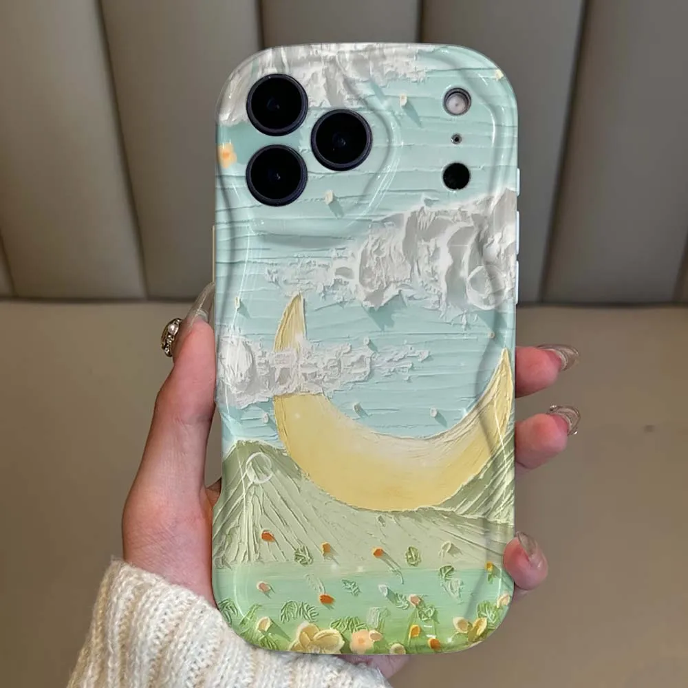 

Cute Oil Painting Pattern Phone Case For iPhone 17 16 15 14 13 12 11 XR Air Mini Pro Plus Max Wave Oil White Soft Shockproof