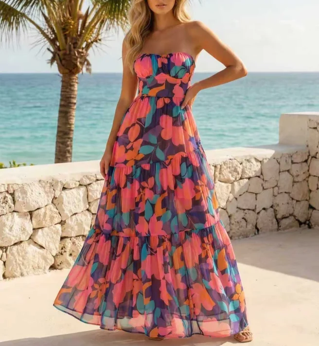 Women's Dress 2026 Spring Summer New Fashion Floral Print Strapless Sexy Backless Sleevelss Casual Vacation Long Dress