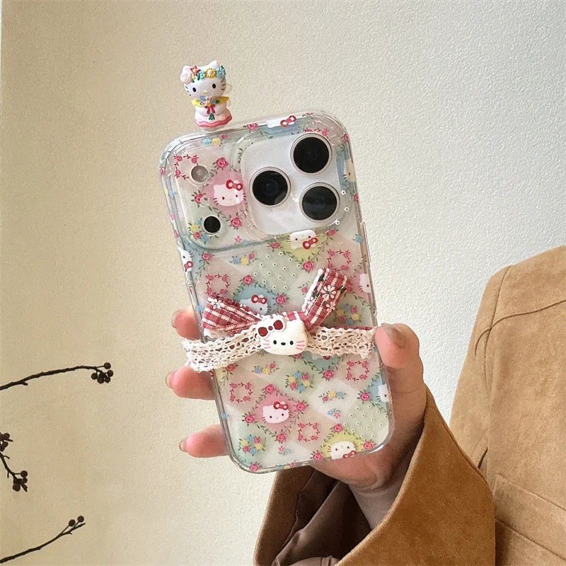 

Korean Cute Flower Hellokitty Phone Case For iPhone 17 Pro 14 16 15 Pro Max Back Cover Shockproof Protective Cases For Girls