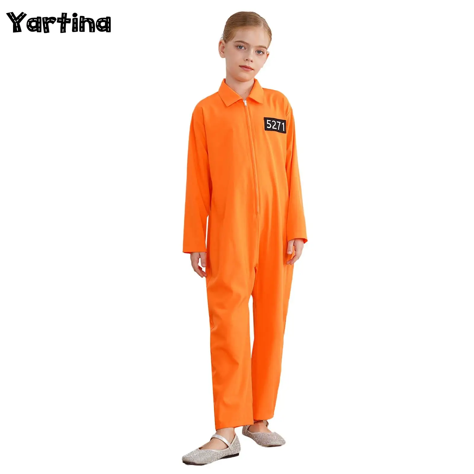 Kids Prisoner Costume Long Sleeve Prisoner Jumpsuit Jailbird Inmate Prison Uniform Themed Party Halloween Cosplay Costume