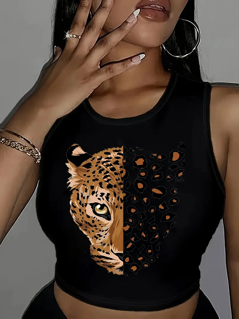 Y2k موضة 90s ليوبارد النمر طباعة اقتصاص المرأة أكمام تانك القمم سترة أنيقة المحاصيل الأعلى المحملة قميص غير رسمي #2