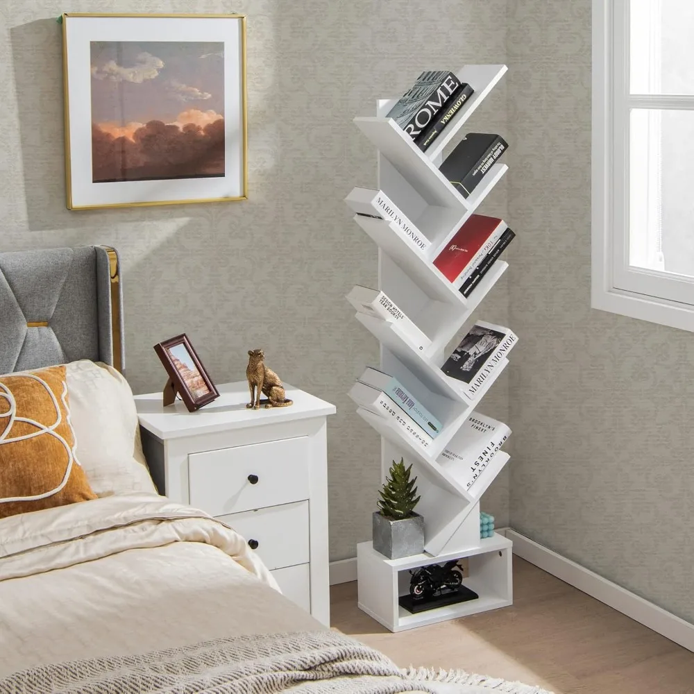 Tree Bookshelf with Drawer, 10 Shelf Space Saving White Wooden Bookcase, Freestanding Retro Wood Storage Rack, Decorativ