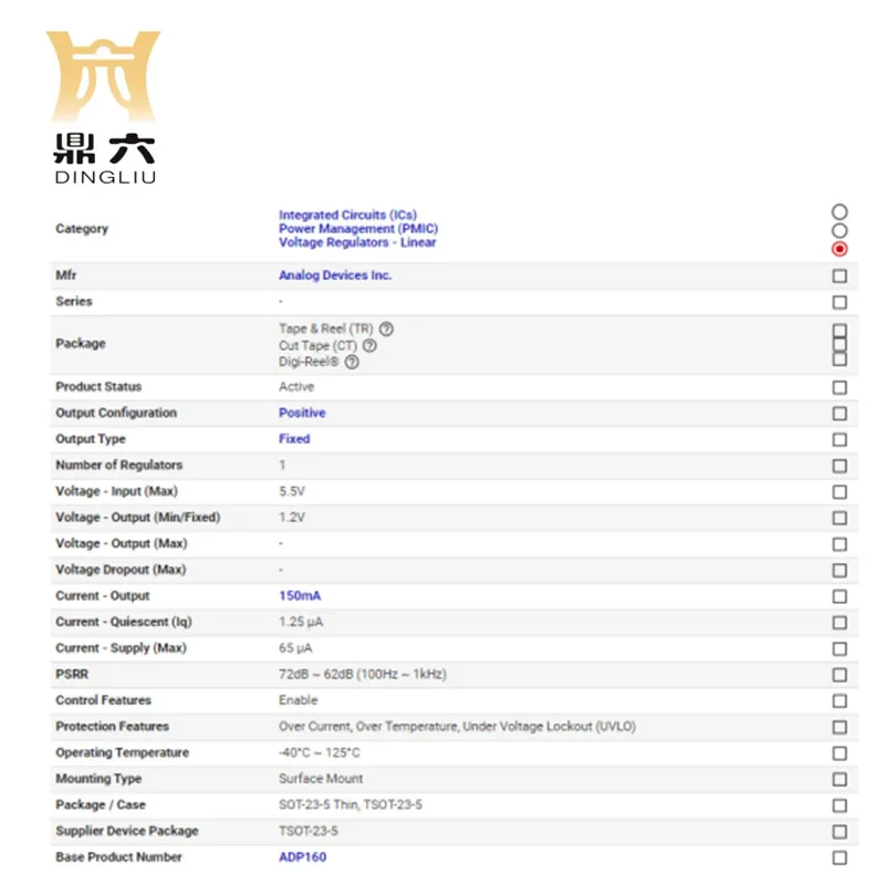 ADP160AUJZ-1.2-R7 IC REG LINEAR 1.2V 150MA TSOT5 ADP160AUJZ-1.2-R7  Linear Voltage Regulator IC