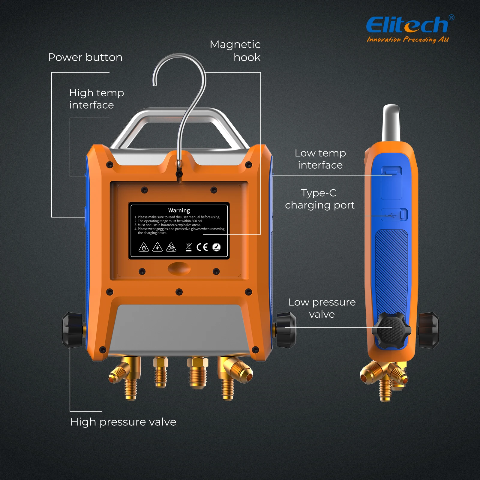 Elitech-Kit de colector Digital inteligente EMG-40V, 4 válvulas con pantalla táctil inteligente de 5 ", medidor de HVAC con Bluetooth