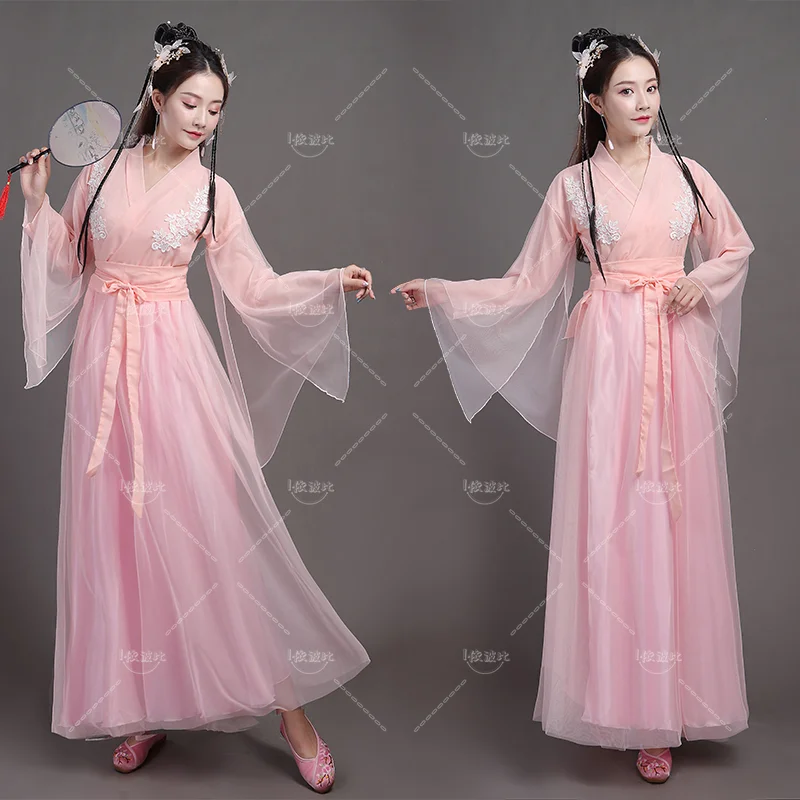 

Women's Spring and autumn hanfu ancient dress fairy pink fresh and elegant fairy gas ancient wide-sleeved performance clothing