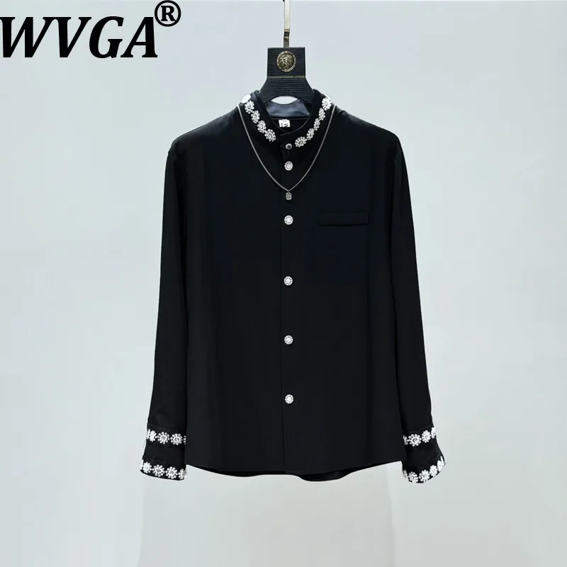 WVGA Spring Autumn New Men Tide Heavy Beaded Stand Collar Long Sleeve Shirts Niche Chic Casual Metal Buttons Tops Ins Y2K W16602