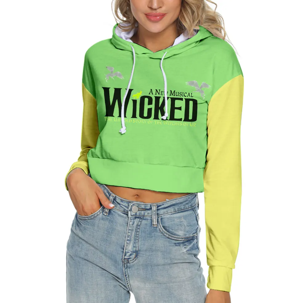 Movie WICKED The Musical Elphaba Crop Top Hoodie Harajuku Cropped Sweatshirt Streetwear Hip Hop Long Sleeves Pullover Tops