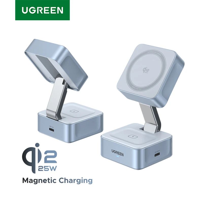 

Беспроводная зарядная станция UGREEN Qi2 25W 15W с магнитной фиксацией 2-в-1, быстрая зарядка, совместима с MagSafe для iPhone 16/17/AirPods