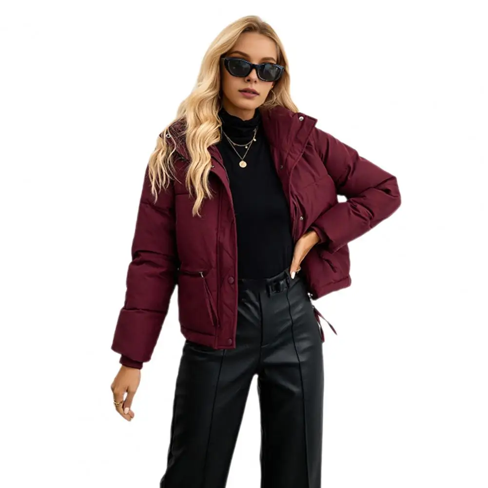 Women Jacket with Zippered Pockets Turn-down Collar Thickened Padding for Windproof Coat