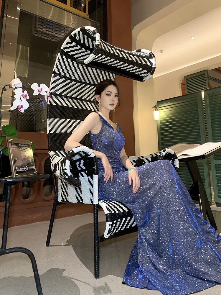 Französisches Mode-Kleid in Blau, Sexy Schulterfreies Kleid mit Schlitz, Kurzärmeliges Plissiertes Kleid, Damen Geburtstagsparty Abendkleid Langes Kleid – Detail 16