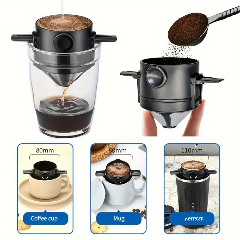 Stainless Steel Portable Reusable Coffee Filter,Foldable Dripper & Ear Hook, Easy Pour Design, Includes Storage for Brewing Rich - Image 3