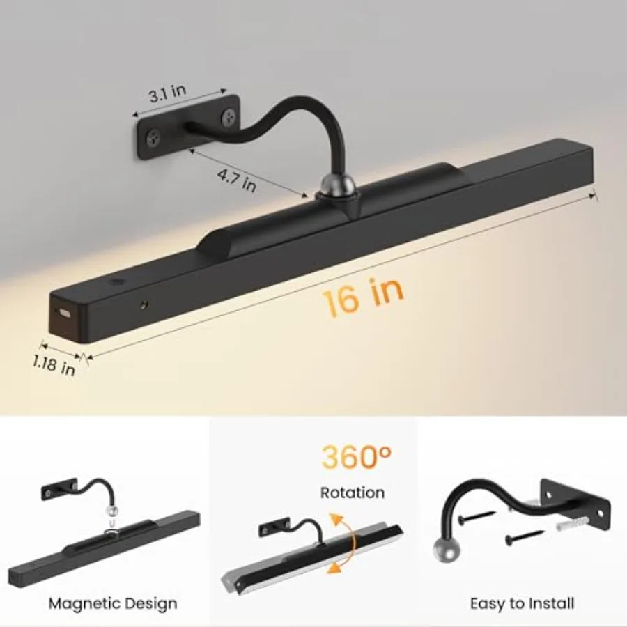 Lámpara para Cuadros a Pilas, Lámpara de Pared de 16 Pulgadas, Luces de Pared Inalámbricas de 5000 mAh con Control Remoto, Lámpara para Arte con Dimmer