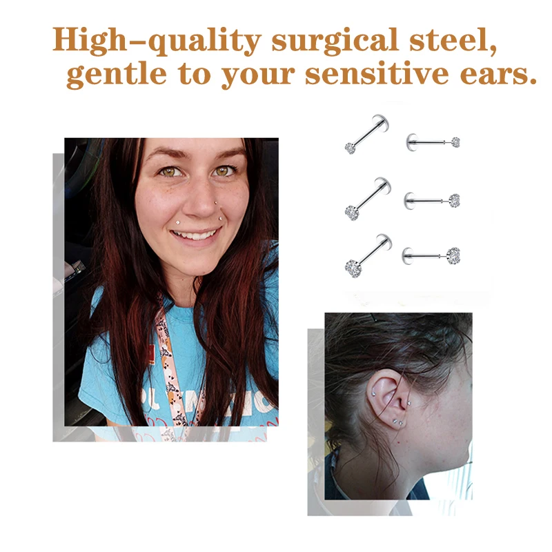 3Pcs/Lot 20G Push-in Lip Ear Tragus Labret Piercing Set Stainless Steel Flat Back Threadless Stud Earrings for Cartilage Helix