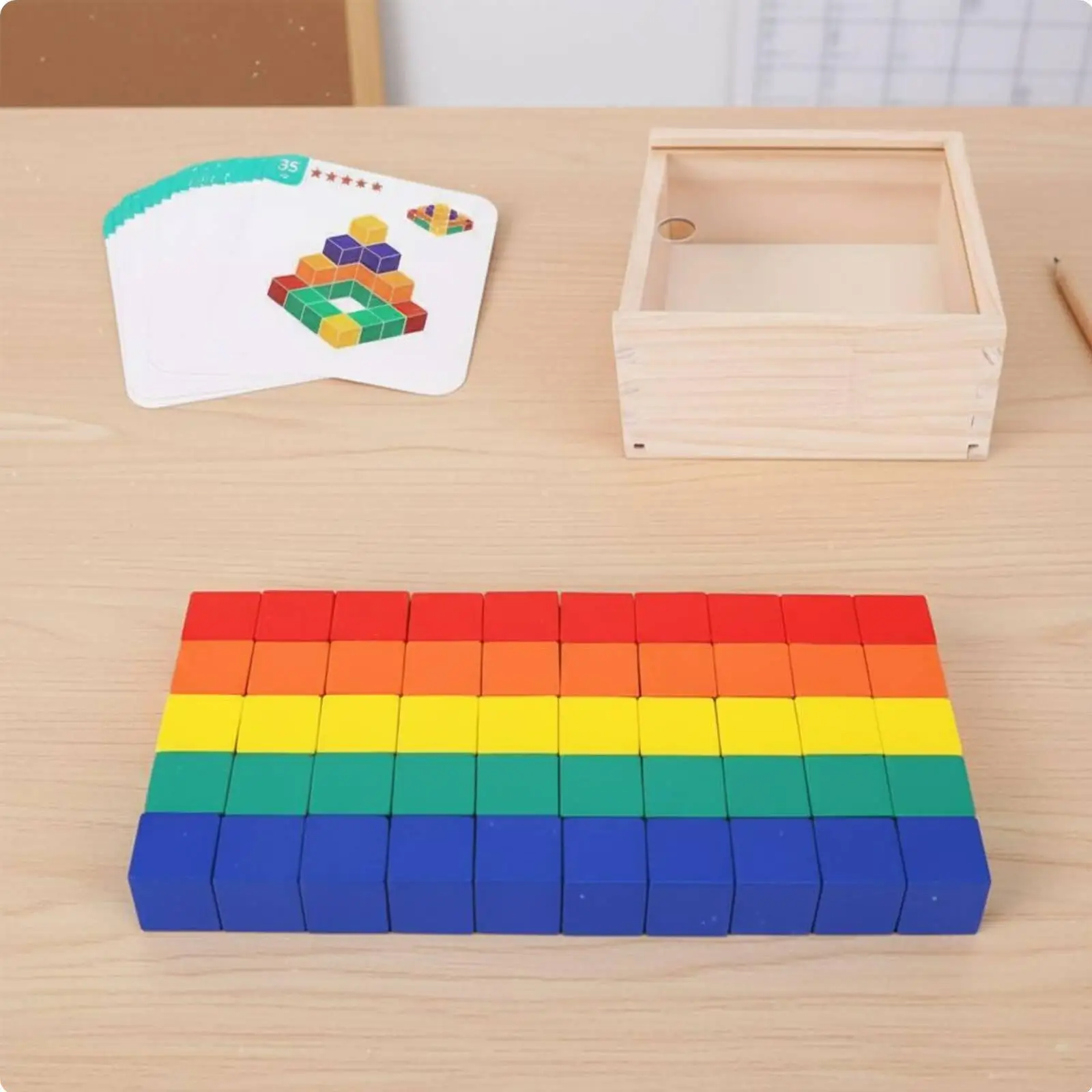 Didactic Cubes for Children Wooden Math Toy Set 50 Pieces with Pattern Cards for Preschool Counting and Sorting Fun