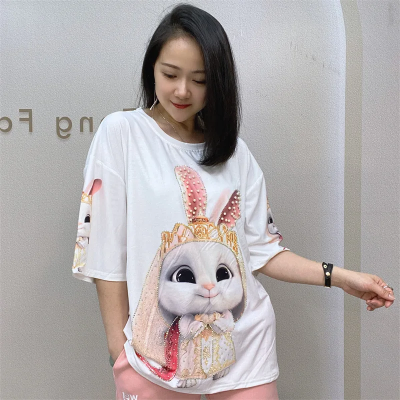 

Kawaii Cartoon Print Short Sleeve Girls Lovely Thin Tops Tees Hot Diamonds Casual Loose White T-shirt Female Camisetas De Verano