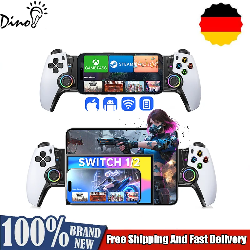 Controller Wireless DinoFire per iPhone/Android/Switch1/2/OLED/iPad Mini con Joystick Hall, Controller per Gaming Mobile con LED