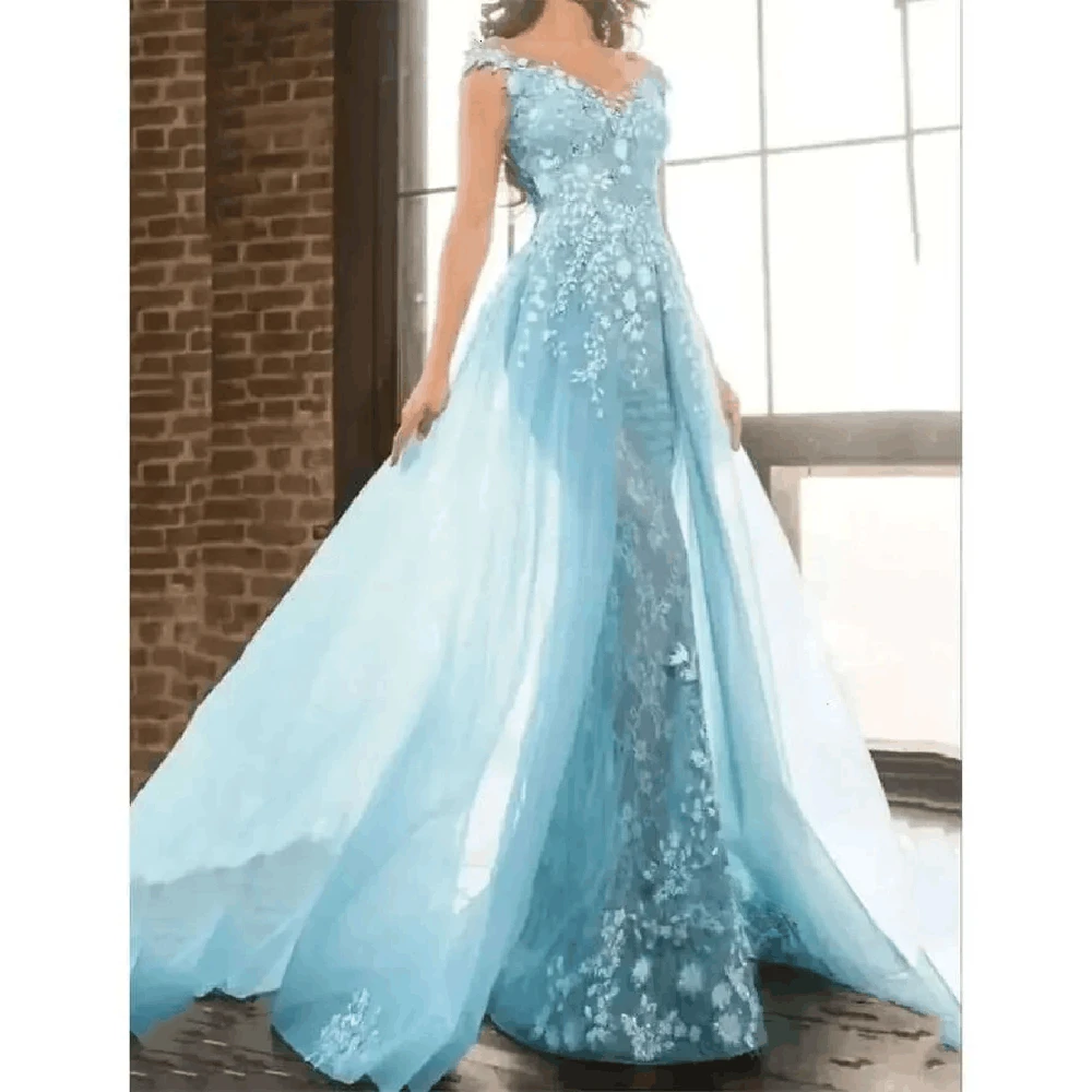 Elegant Light Blue Sweetheart V Neck Prom Dress Strapless Backless Sleeveless High Quality Tiered High Low Formal Evening Gowns