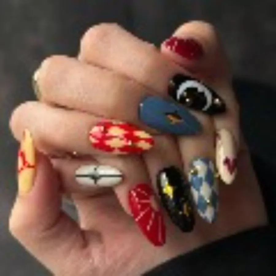 24Pcs Funny Clown Star Short Almond False Nails, Rhinestone Inlay Reusable Fake Nails For Daily Wear