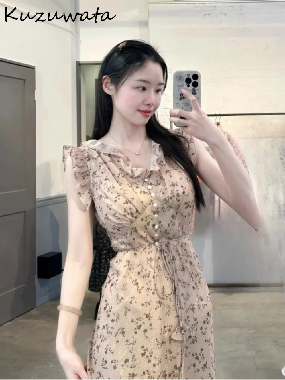 

Kuzuwata Sweet Fresh Elegant Celebrity Women Mujer Slim Waist French Ruffles Lace Up Print Vestido Japan Pure Desire Bow Dress