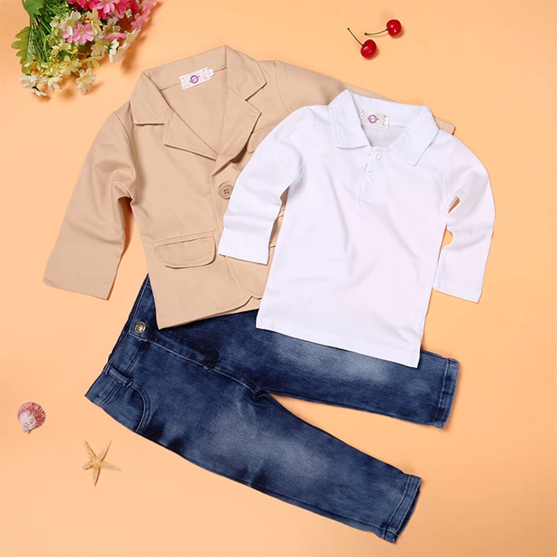 3Piece Spring Autumn Baby Boy Clothes Korean Outfit Set Casual Fashion Coat+White Tops+Jeans Children Boutique Clothing BC1007