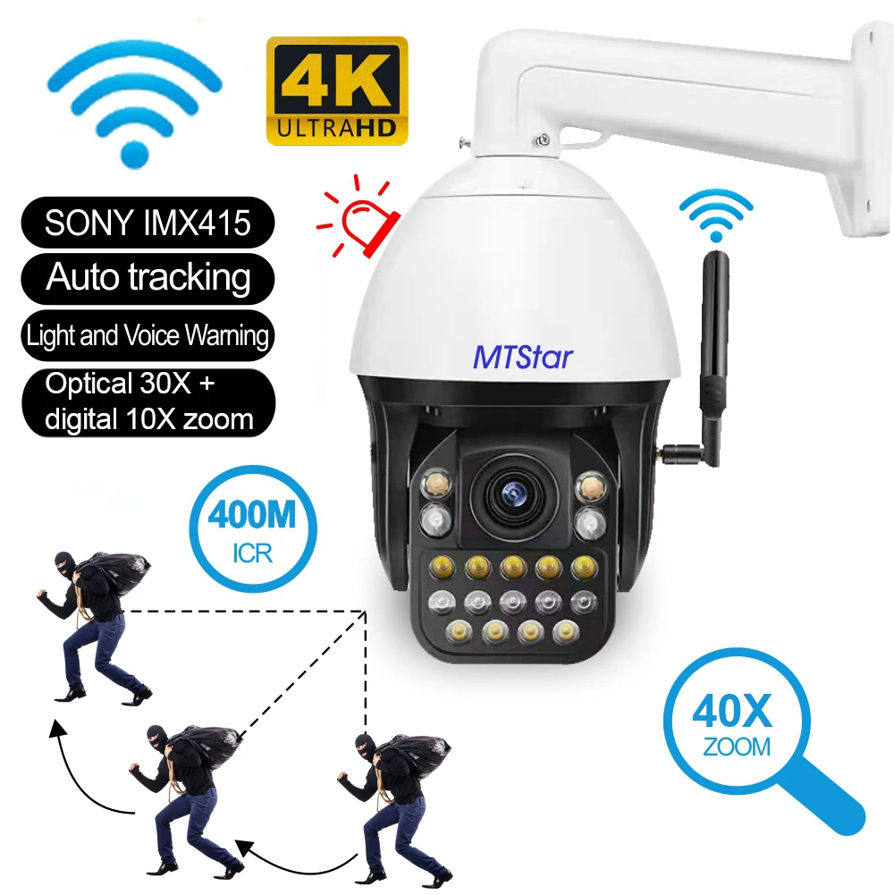 

4K 8MP WIFI 40x Zoom Camera PTZ Solar Security Protection Auto Tracking Fulcolor Night IR 400m Audio 30X Optical + 10X Digital