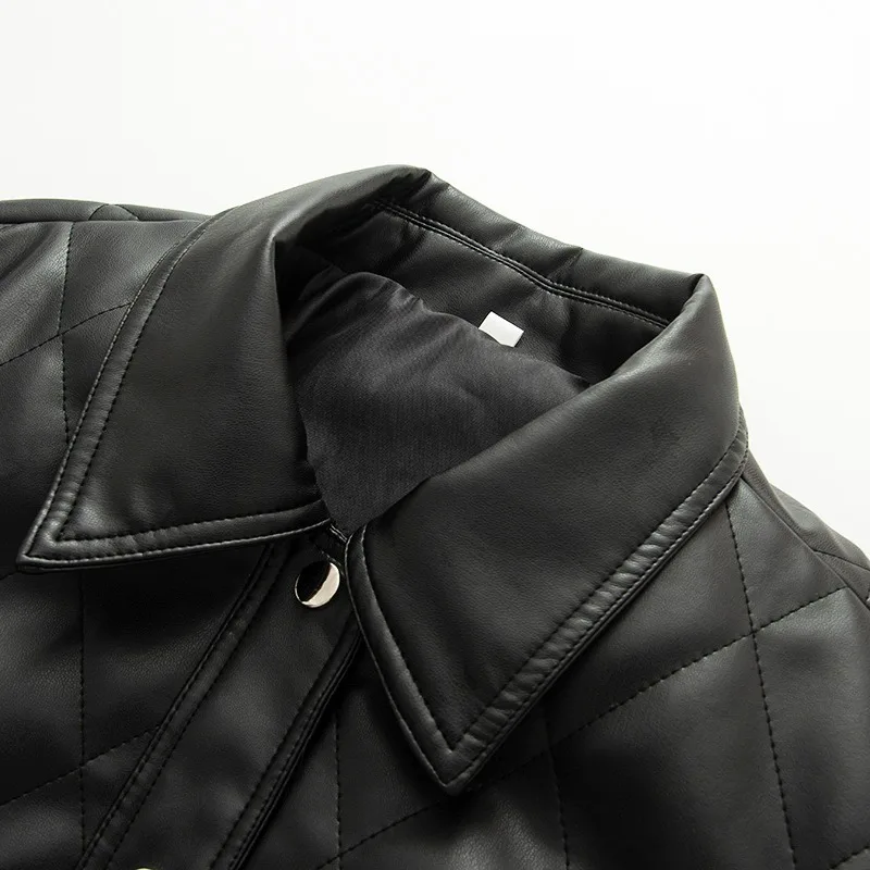 Lozenge Women's Leather Jacket Autumn Winter Padded Coats Fashion Leather Bomber Jacket Outerwears Demi-season Jacket for Women