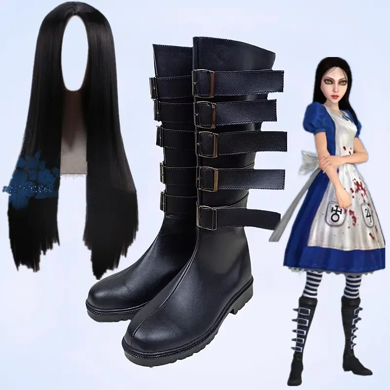 

Anime Alic-e Cosplay Shoes Madness Returns Maid Black Long Boots Alice Props Cos Princess Maid Wigs Hair Halloween Novelty Women