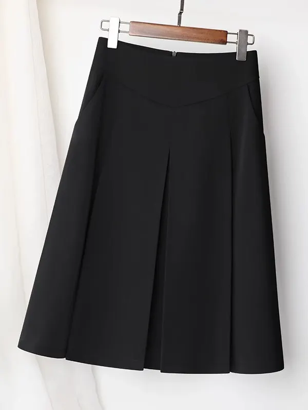 Spring 2026 High Waist Midi A-Line Skirt with Pockets Elegant Pleated Skirt Commute Style Pure Color Other Material 100%