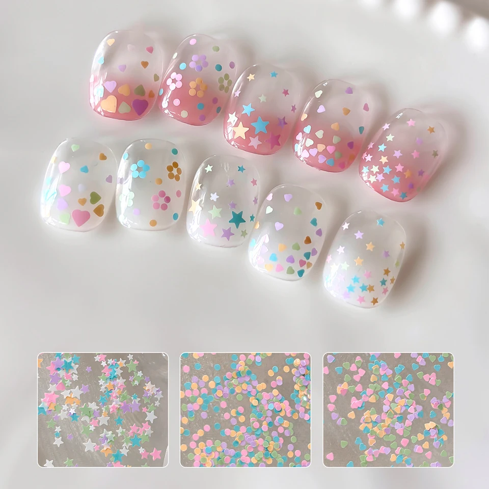 6 compartimentos de pedrería para uñas, perlas blancas redondas mezcladas de 1-3 mm, lentejuelas de estrella/corazón, decoración de manicura 4