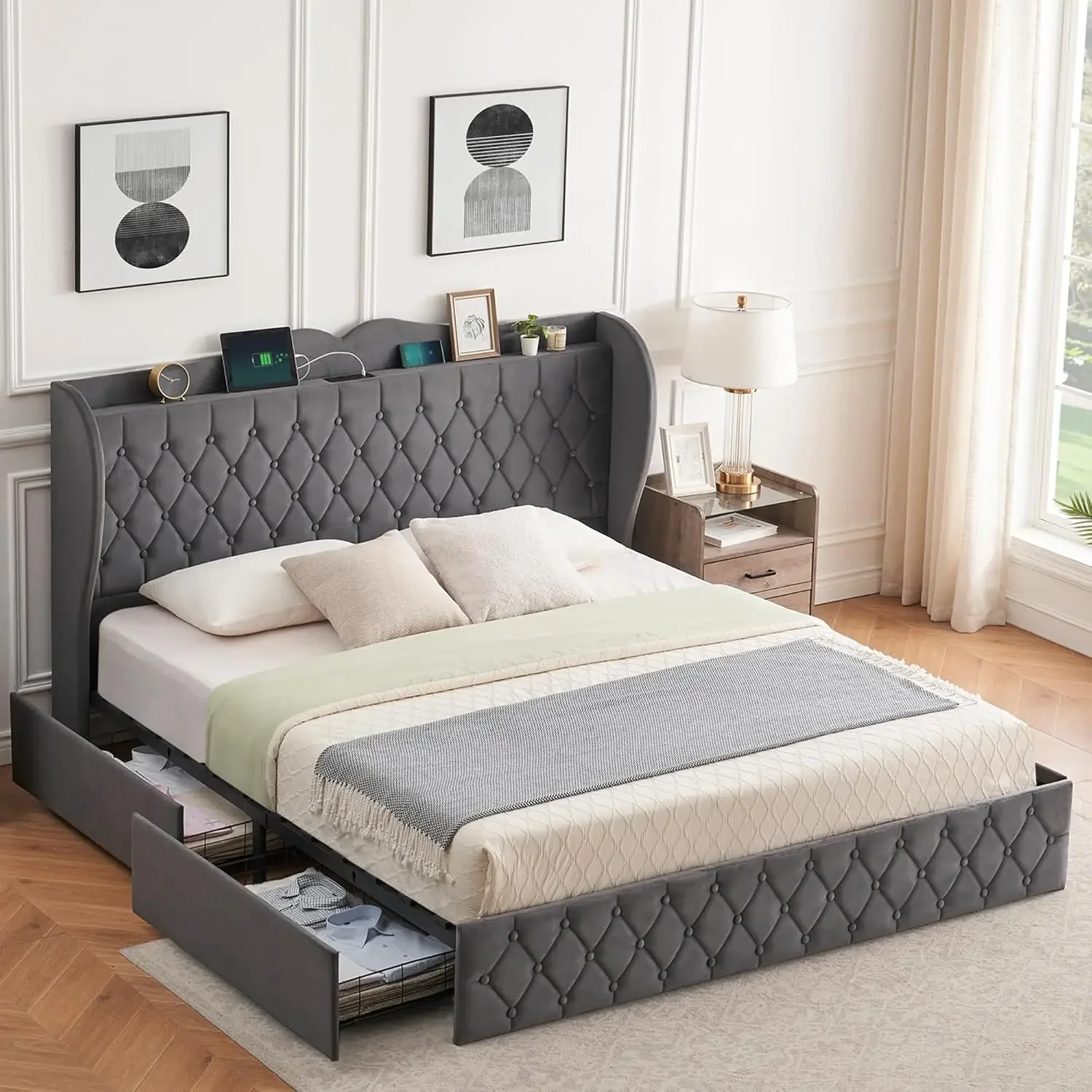 Bed Frame, 4 Storage Drawers and Charging Station Velvet Upholstered Bed with Tall Headboard and Storage Shelf, Bedroom Furnture