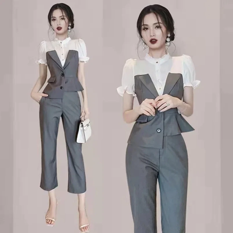 High End Socialite Shirt Wide Leg Pants Set for Women's 2024 Spring/summer Professional Short Sleeved Waist Two-piece Set