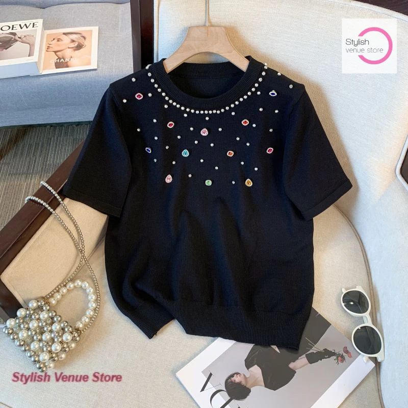 

French heavy industry diamond-encrusted short-sleeved sweater women's summer high-grade exotic age-reducing shoulder chic top