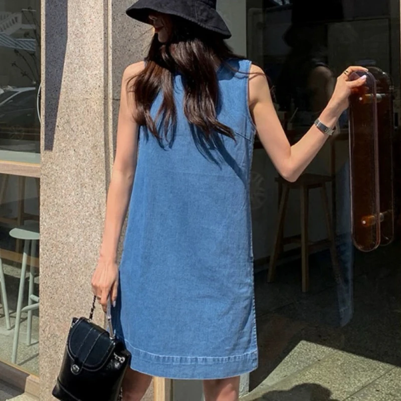 Denim Women's Dresses for 2026 Summer Loose O-Neck Simple Lady Vestidos Sleeveless Jeans Female Robe Clothing KE805