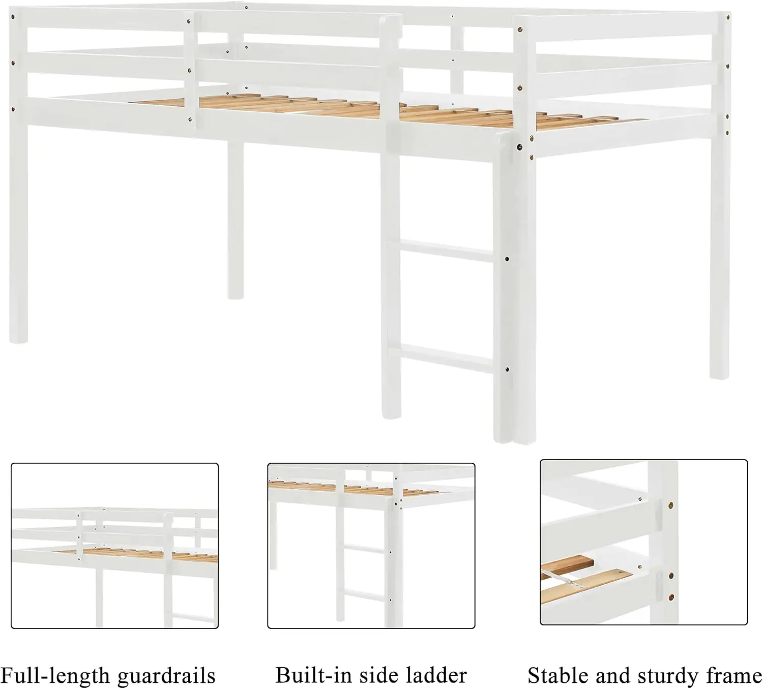 Bed for Kids with Ladders and Guard Rails,Solid Wood and Sturdy Low Loft Bed Frame for Boys Girls and Junior,No Box Spring