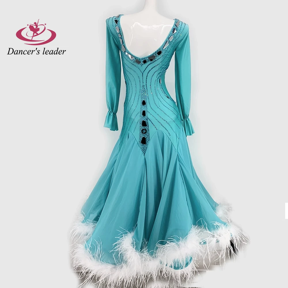 Ballroom Dress Customized Long sleeved V Tie Drilled Plush Large Hem Tango Waltz Adult Stage Professional Clothing