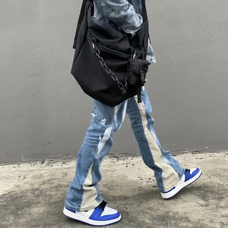Jean Délavé en Patchwork Bleu pour Homme, Baggy Évasé, Pantalon Droit, Vintage, Denim, FjPantalones Zones bre, Y2K, 2023